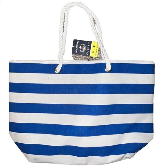 Marine Nautical Blue White Striped Large Beach Picnic Lined Cooler Tote NWT - Picture 2 of 4
